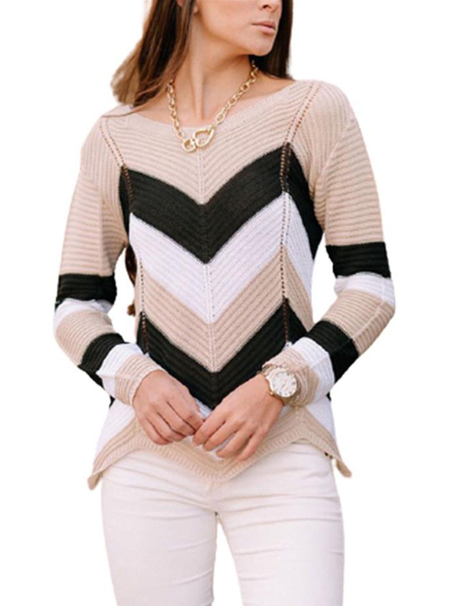 Knit Neck Pullover Long Sweater Tops Womens Black Blouse Jumper Sleeve Striped V