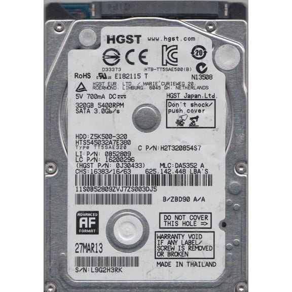 HTS545032A7E380, PN 0J30433, MLC DA5352, Hitachi 320GB SATA 2.5 Hard Drive