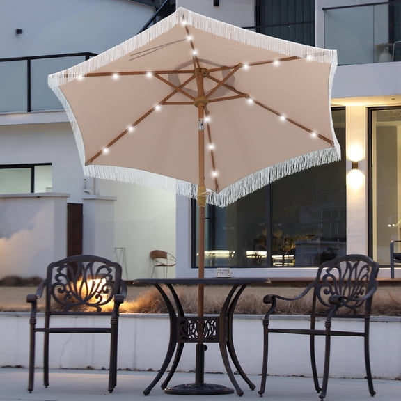 Autlaycil 7.5 ft Beige Tassel Patio Umbrella with Base, 18 LED Lights Solar, and Push Button Tilt and Crank