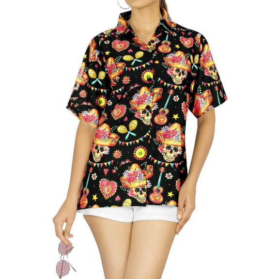 HAPPY BAY Women's Beach Halloween Costumes Skull Party Print Hawaiian Blouse Tops Short Sleeve Button Down Holiday Shirts for Women S Party Festive Black