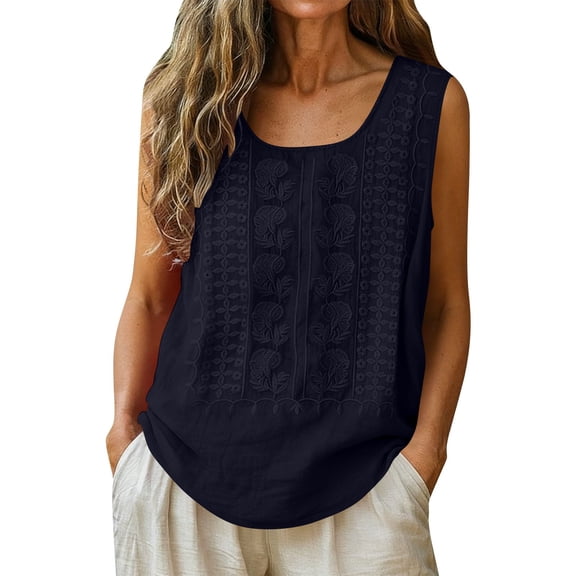 TEAJOPSUU Boho Cotton Blend Tank Tops for Women Solid Sleeveless Round Neck Shirts Casual Embroidered Blouses Navy