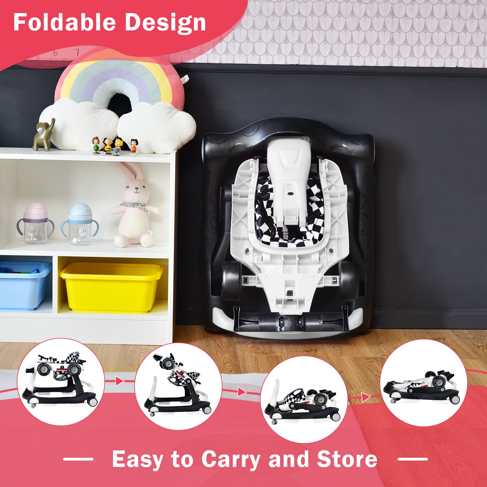 Infans 4-in-1 Baby Walker Foldable Activity Push Walker Adjustable White
