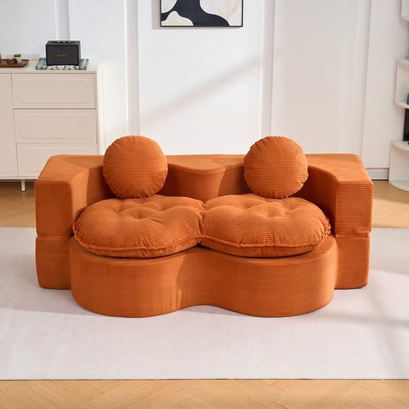 Convertible Sleeper Sofa, Folding Futon Corduroy Floor Sofa Bed with 2 Pillows, Full Size Guest Bed, Orange.