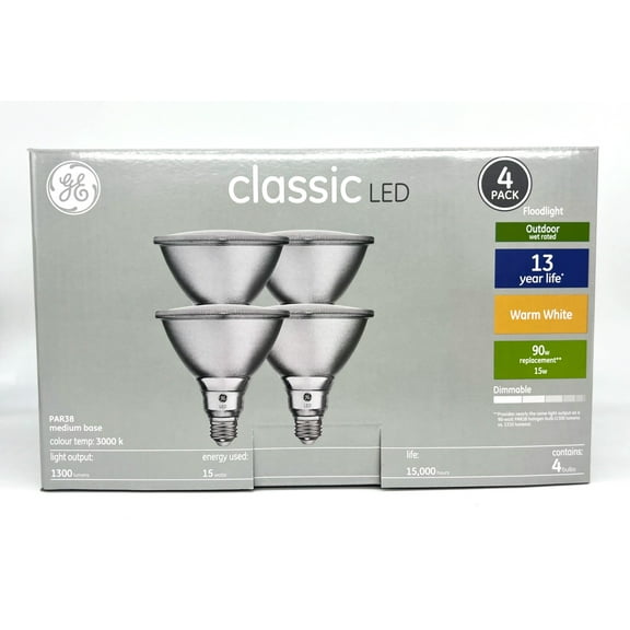 (4 bulbs) GE classic LED PAR38 Floodlight, 15 watt, 1300 lumen, warm white, outdoor wet rated, dimmable, medium base