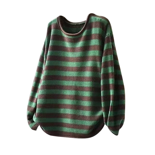 ShomPort Chandails pour Femmes Motif Rayé Col Rond Manches Longues Tricot Tendance Léger Couche de Base Quotidienne