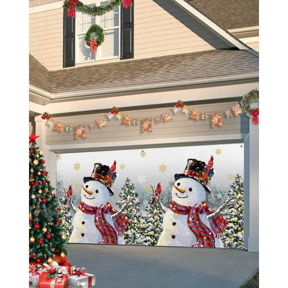 Garage Door Banner Cover 6 x 13 ft, Christmas Snowman Xmas Tree Snowflake Grey Christmas Garage Door Decorations Holiday Christmas Backdrop Decor for Winter New Year Xmas Party