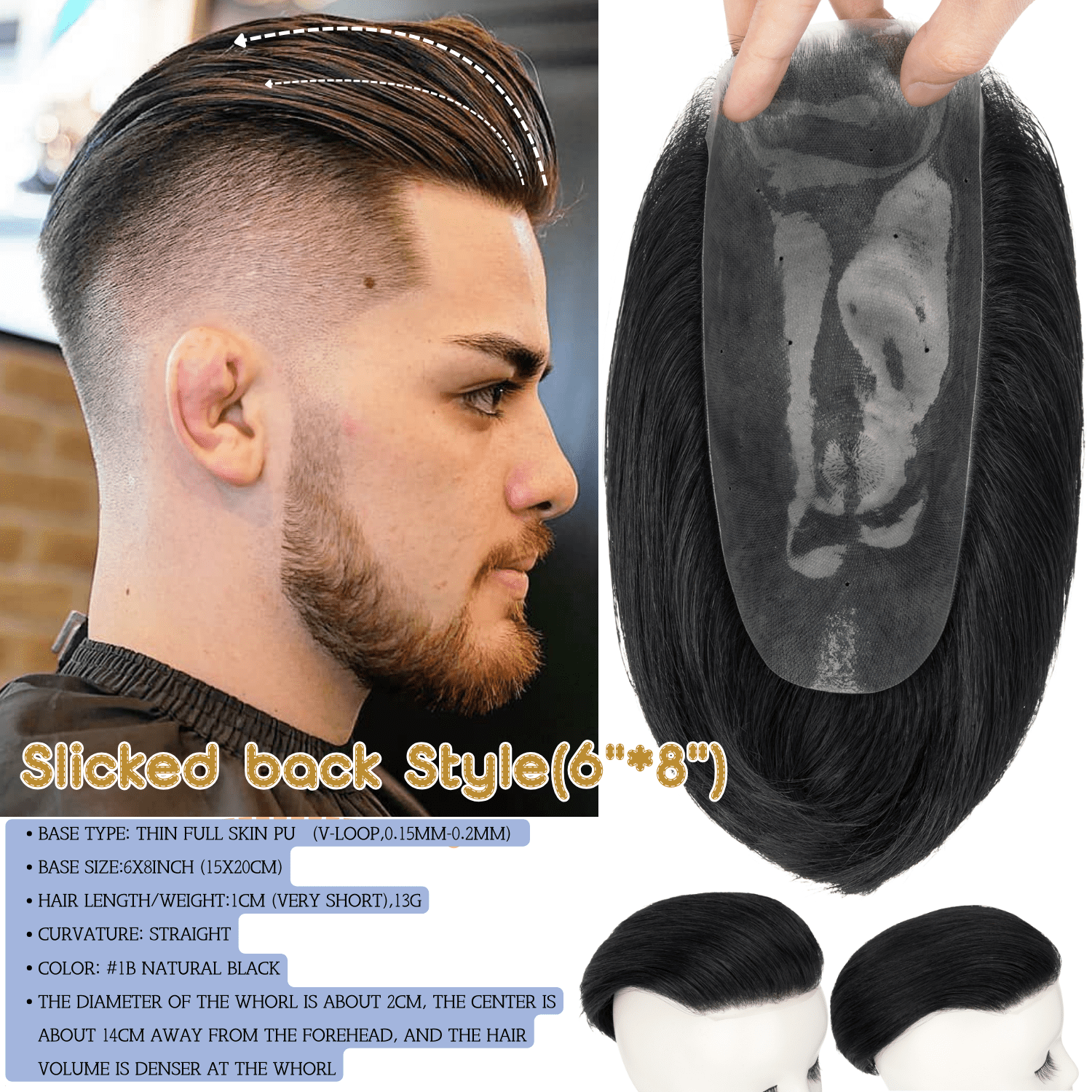 Benehair Poly Skin Thin PU Base Toupee Wig Slicked Base Hairpiece Replacement Systems For Man 100% Remy Real Human Hair Topper Hair Piece 6"*8" Top Piece Natural Black 120% Density with Tape