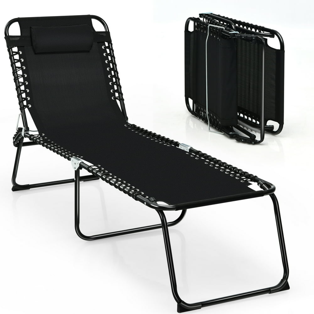 Gymax Folding Beach Lounger Chaise Lounge Chair w/ Pillow 4Level