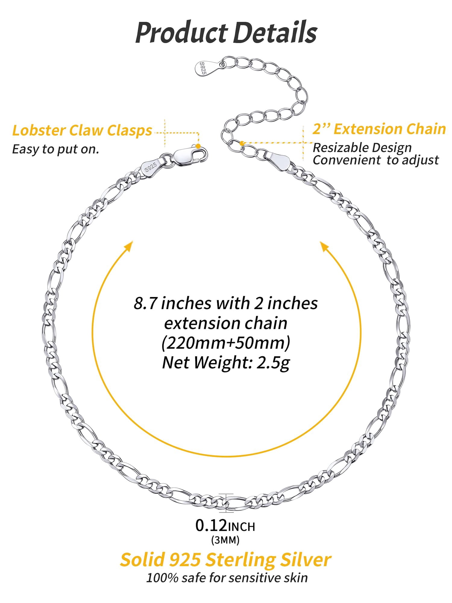 ChicSilver 925 Sterling Silver Unisex Figaro Anklet Gift For Both Men Women Bracelet Anklet Dual-use Neutral Style