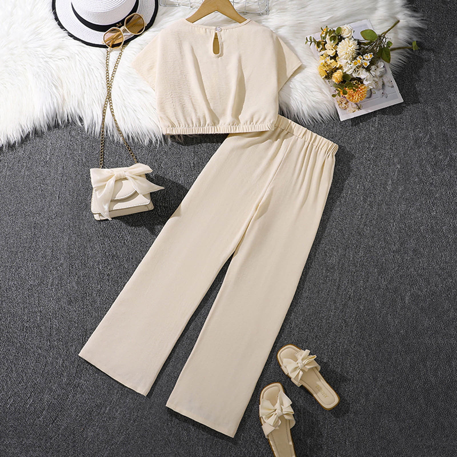 REDARER Girls Summer Outfit Casual Elastic Waist Short Sleeve Crop Top Wide Leg Pants 2 Piece Set,10-11 Years