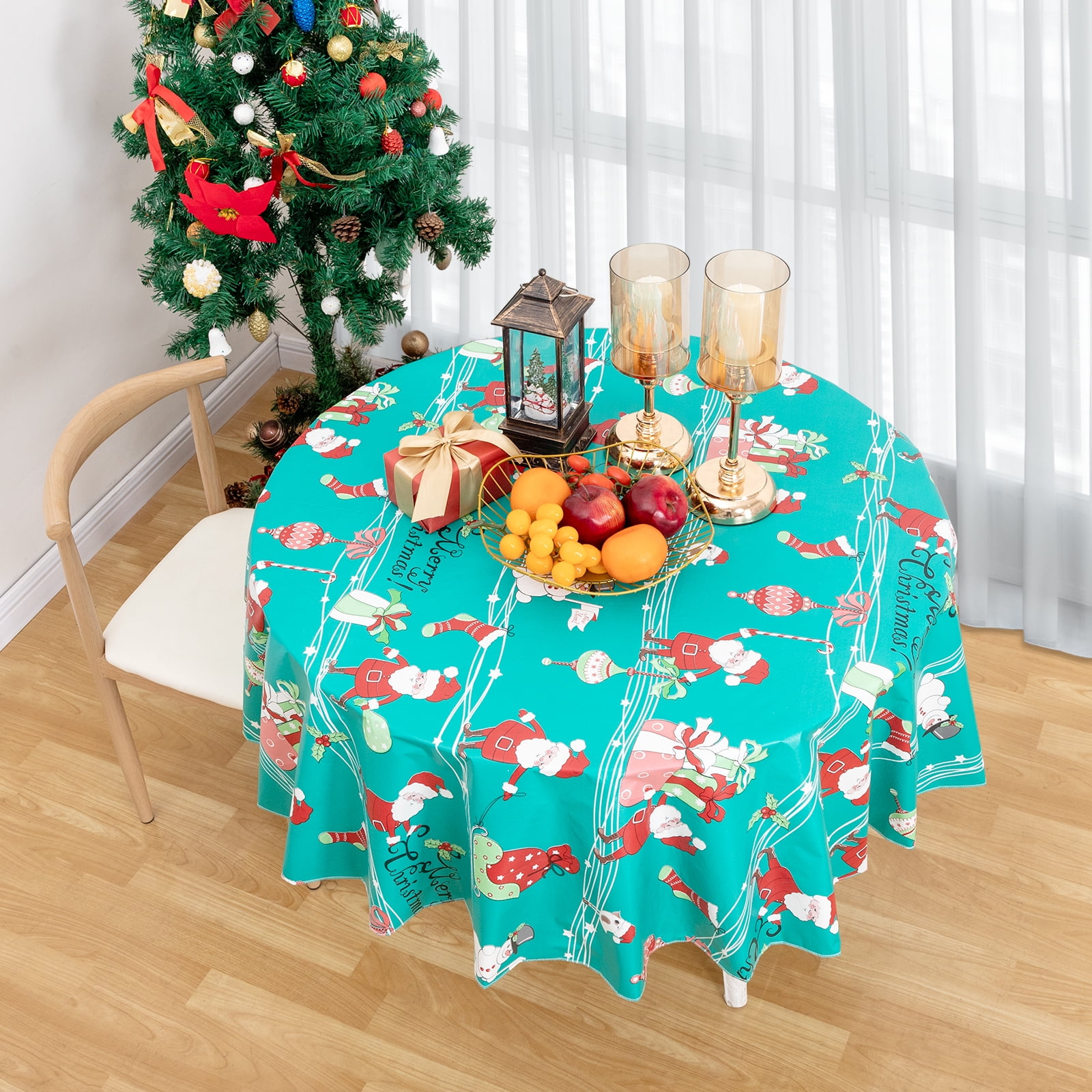 RAY STAR Round Christmas Tablecloth 60 inch Rectangle Xmas Tablecloth Waterproof Vinyl Tablecloth with Flannel Backing