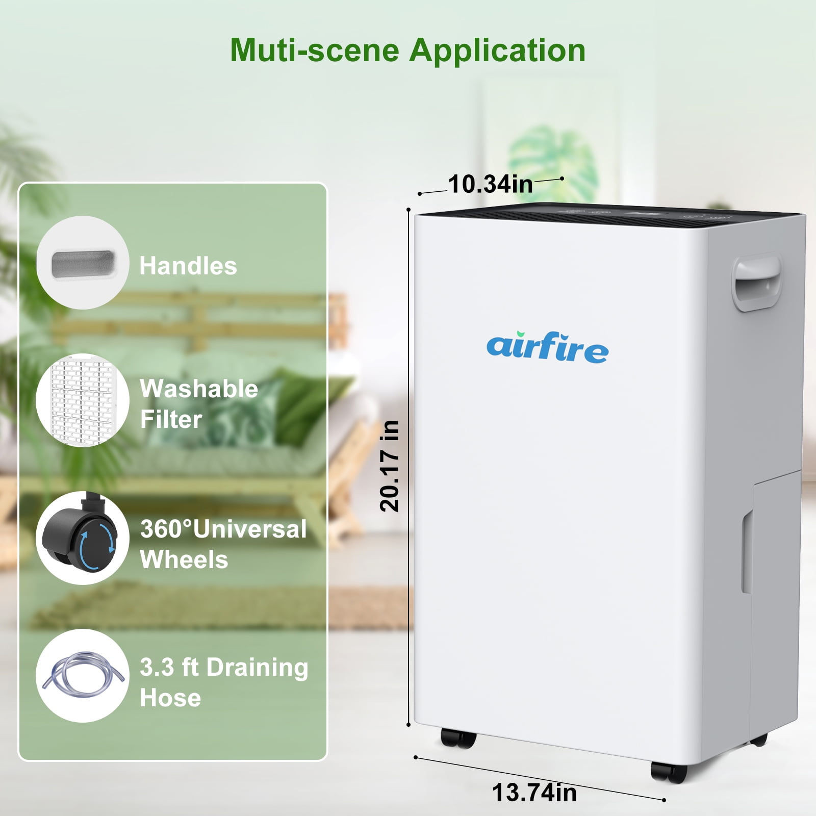Airfire 4500 Sq. ft Max 70 Pints Dehumidifier for Basement, Dehumidifiers with Drain Hose for Home Bedroom Bathroom Large Room, Auto Defrost& Drain, 24H Timer, 1.59 gal Water Tank, Dry Clothes