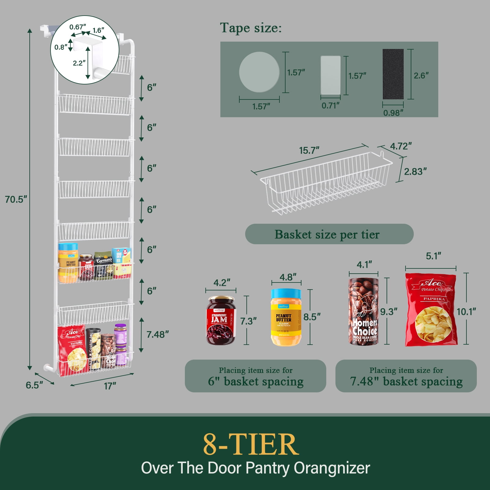 Yeabett 8-Tier Over the Door Pantry Organizer, Larger Baskets Metal Pantry Organization and Storage, Door Back Hanging Space Saver for Kitchen, Laundry, Bathroom, White