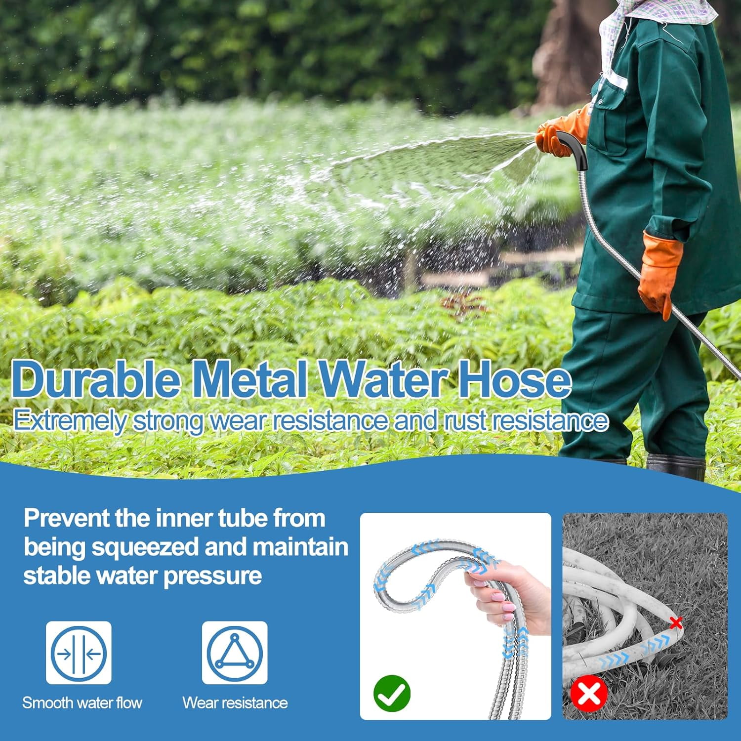 SPECILITE 3/8 in 25 ft Heavy Duty Kink Free Garden Hose, 304 Stainless Steel Metal Flexible Water Pipe, Durable, Lightweight for Yard, Outdoor