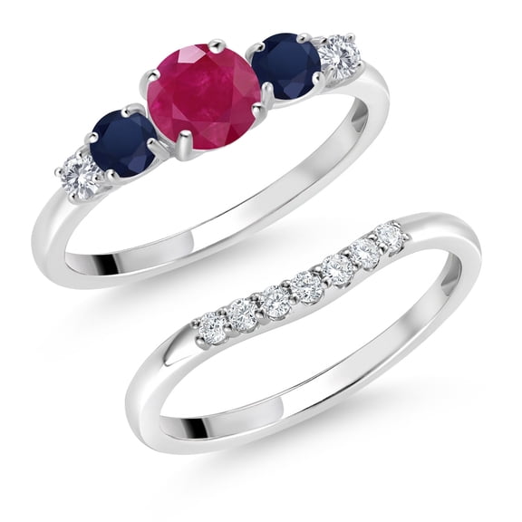 Gem Stone King 10K White Gold Red Ruby Blue Sapphire and White Lab Grown Diamond 5 Stone Bridal Engagement Wedding Ring Set for Women (0.96 Cttw, Round: 5MM and 3MM, Size 9)