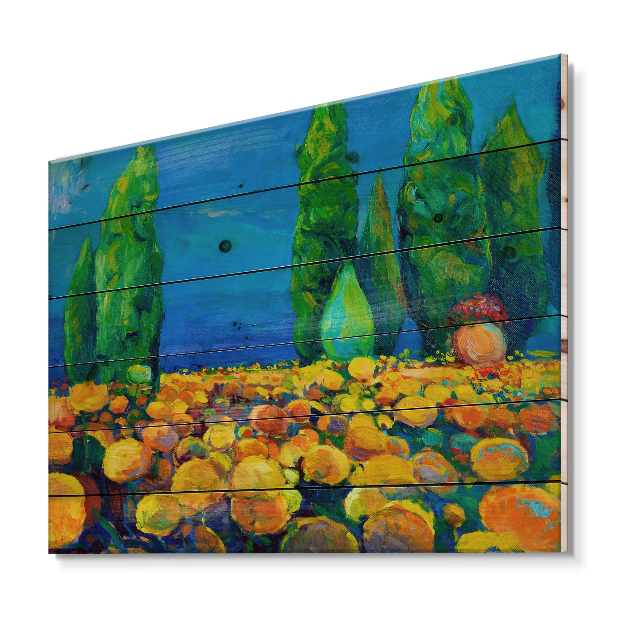 Designart 'Yellow Blossoming Flowers Landscape With Green Trees' Traditional Print on Natural Pine Wood