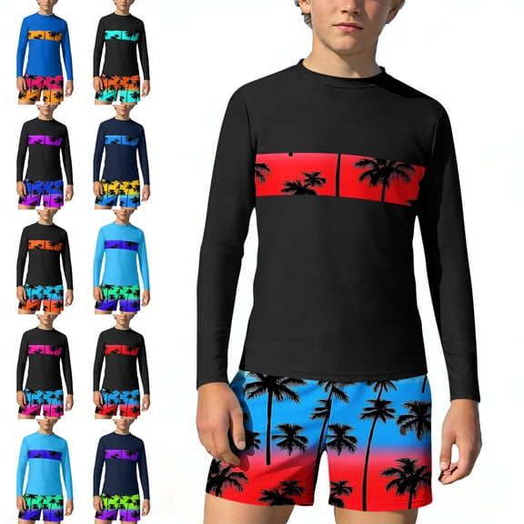 WAVSUF Boys Swimsuit Set Quick Dry Sun Protection Long Sleeve Summer Beach Surfing Rash Guard Sets 2 Piece Red 8