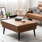 Vonanda Upholstered Ottoman, 34" Wide Faux Leather Ottoman Bench with Metal Legs for Bedroom, Living Room, Caramel