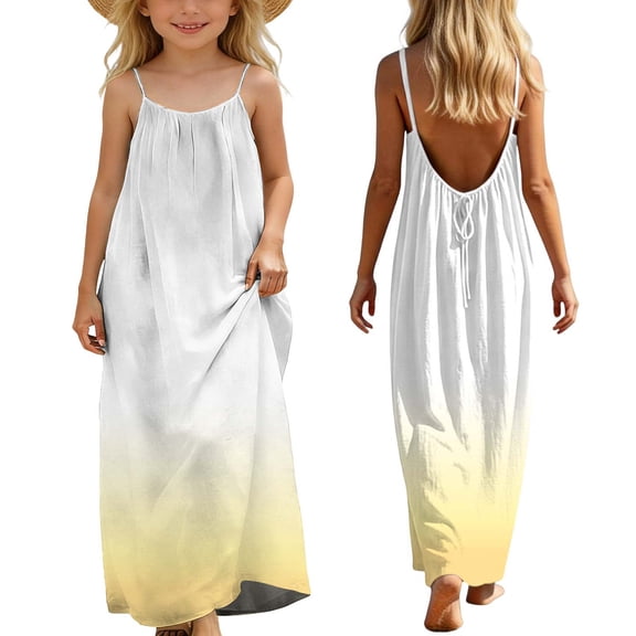 BLTIBY Girls Maxi Dresses Backless Cami Gradient Printed Casual Lightweight Beach Dress Yellow 11-12 Years