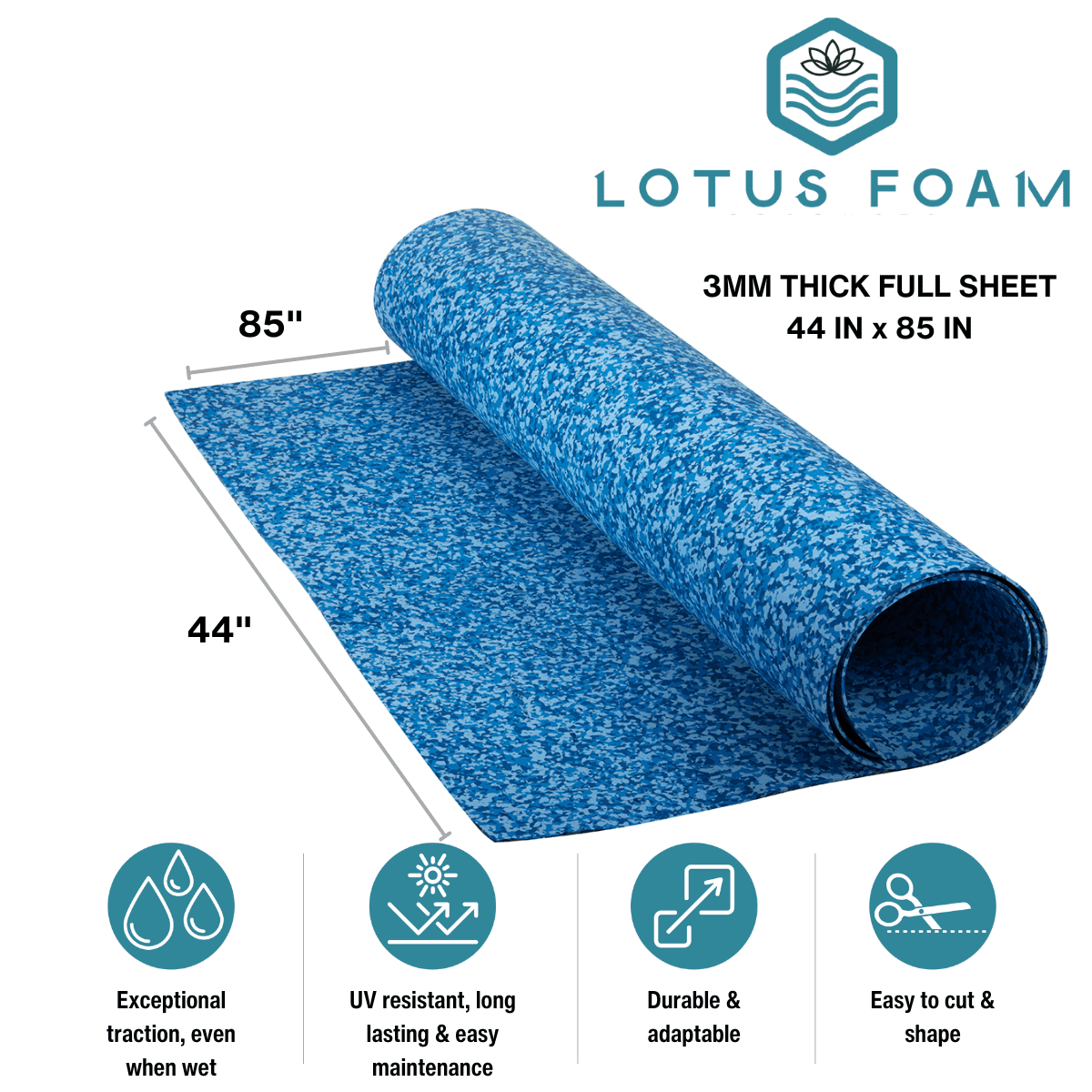 LotusFoam EVA Foam Sheet 3mm – 44"x 85" Craft Foam for Cosplay, Costumes & DIY, High Density 130 kg/m3, Heat Shapeable, Paintable, 35 Colors(Aqua Camo)
