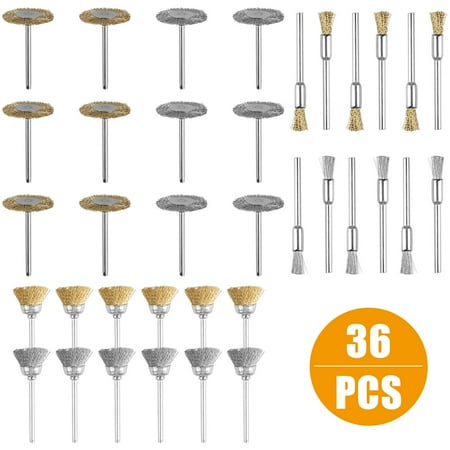 - 36pcs Wire Steel Brass Brushes Polishing Brush Wheels Set for Dremel Rotary Tool,6 x Copper/Stainless steel wire wheel brush,12 x Copper/ Stainless steel wire brush