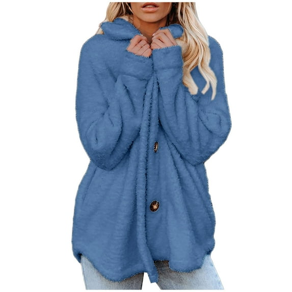 asdoklhq Womens Plus Size Coats Clearance Women Cozy Long Sleeve Faux Solid Buttons Fake Pokets Teddy Woolen Fleece Jacket Cardigan Coat