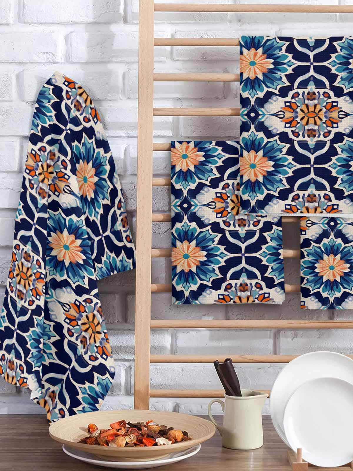 Orange Blue Hand Towels Set,Waffle Weave Kitchen Towels 4 Pieces,Morocco Boho Abstract Floral Ethnic Tribal Microfiber Hair Face Bath Tea Towel Absorbent Quick Drying Cleaning Dish Cloths,15.7"x23.6"