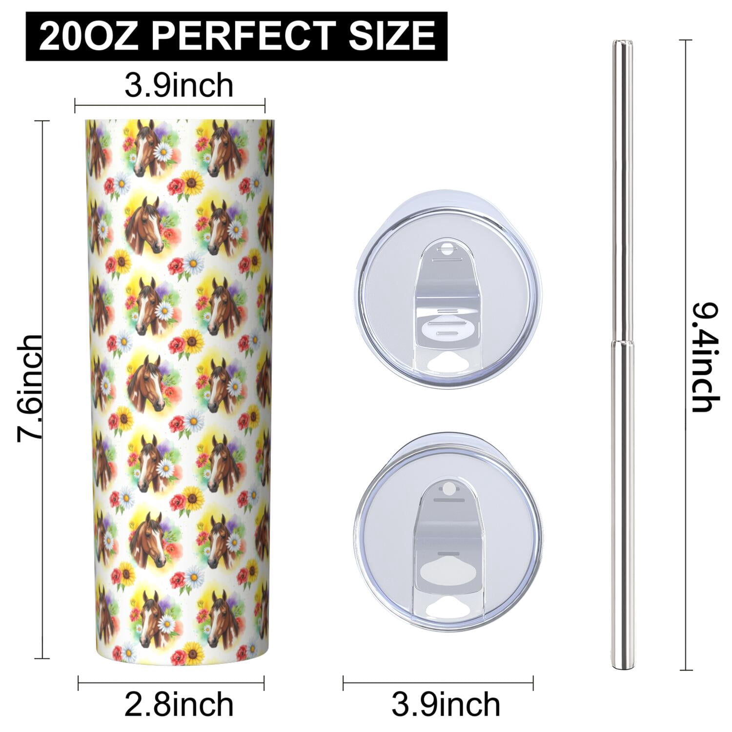 20oz Stainless Steel Skinny Tumbler, Double Wall Travel Mug with Lid and Straw,Horse Floral Head Colorful Pattern