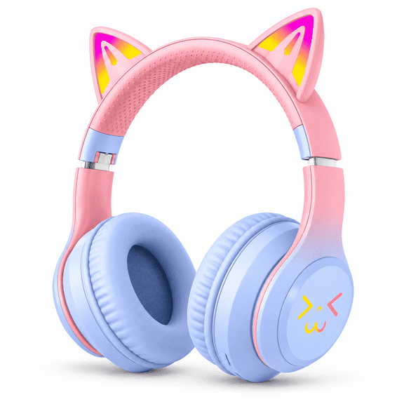 LUEYL Kids Bluetooth Headphones with LED Cat Ears, 74/85dBA Volume Limit, Built-in Mic, Foldable Over-Ear Wireless or 3.5mm Wired Headset for School, Travel, Music and Gaming, Pink and Blue