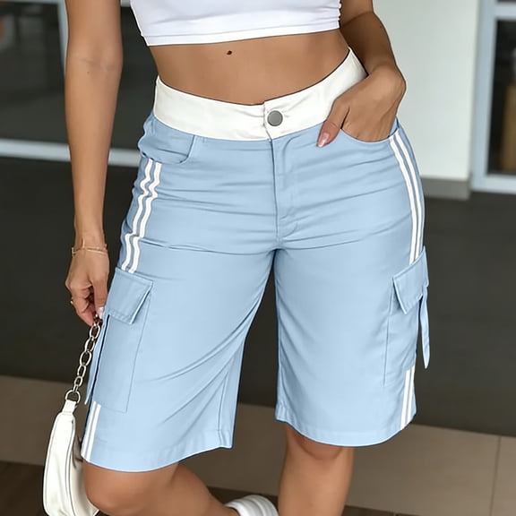 LEKWK Cargo Shorts Women High Waisted Casual Bermuda Shorts with Pockets Knee Length Loose Side Striped Long Shorts Summer Outdoor Hiking Workout Outfits