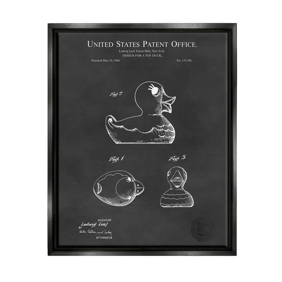 Stupell Industries Retro Duck Toy Blueprint Graphic Art Jet Black Floating Framed Canvas Print Wall Art, Design by Karl Hronek