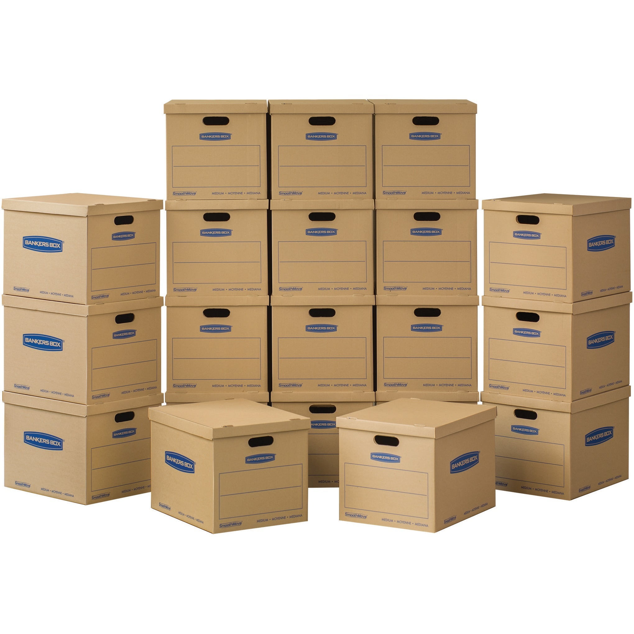 bankers box medium classic moving box 20 pack, reinforced handles, tape-free assembly, box with lid, 19-in x 14.5-in x 15.5-in (8817202)