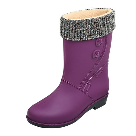 BOBOGOJP Rain Boots for Women Waterproof Winter Warm Faux Furry Lined Cute Garden Shoes Non Slip Comfortable Wellies Mid Calf Ladies Rainboots Lightweight Rain Shoes (Purple 7.5)