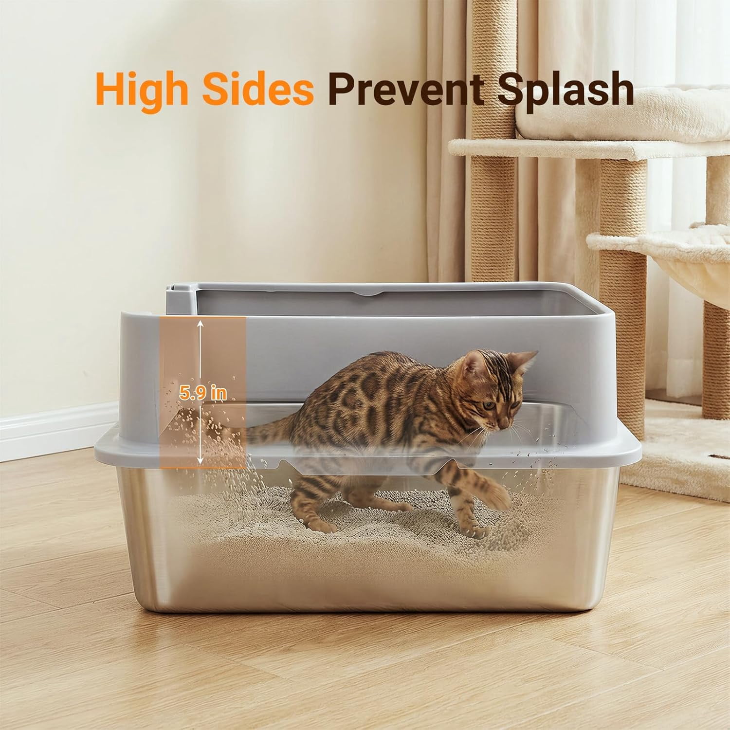 High Sided Stainless Steel Cat Litter Box, XL Extra Large Metal Litter Box for Big Cats, Non-Stick & Anti-Odor, Anti-Urine Leakage, Easy to Clean, Includes Scoop