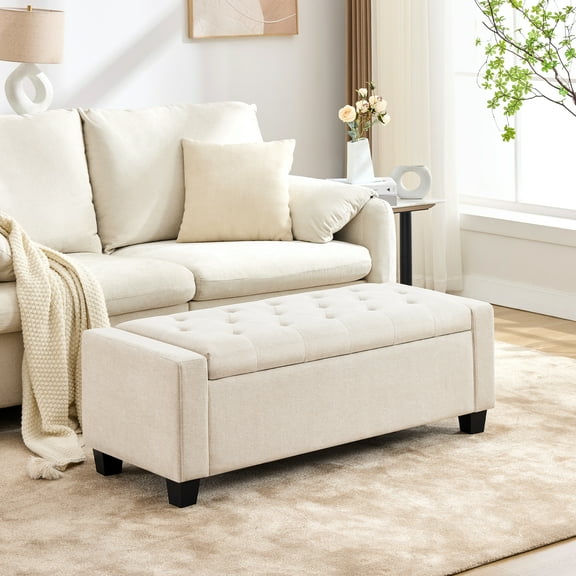 Huatean Home 48" Ottoman Storage Bench Upholstered with Safety Hinge, Beige