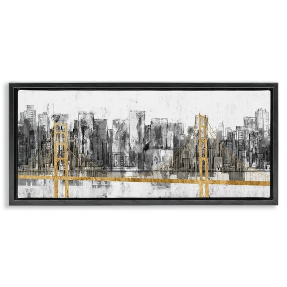 Stupell Industries Urban Golden Bridge Cityscape Abstract Painting Black Floater Framed Canvas Art Print Wall Art, 25 x 11