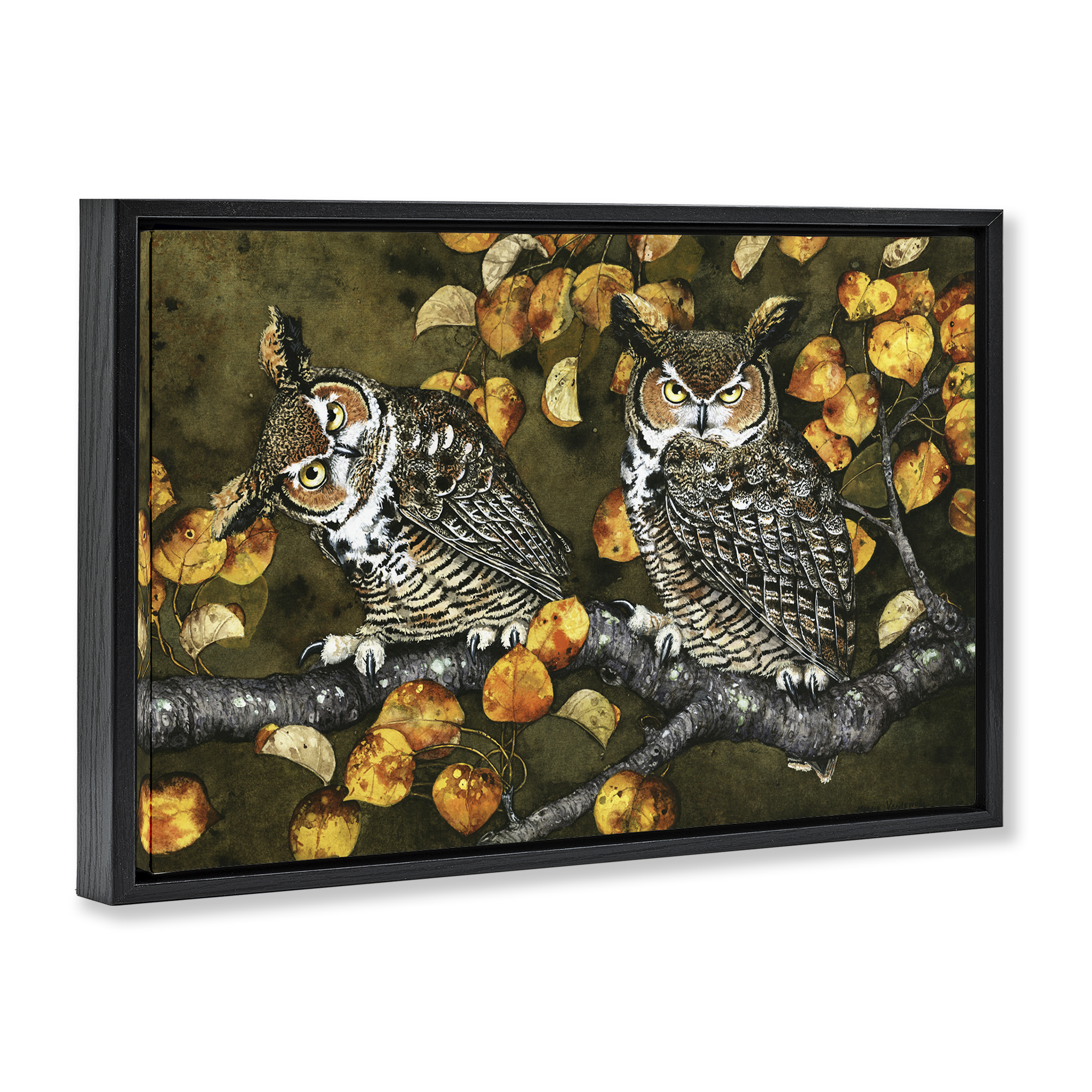 Stupell Industries Inquisitor Owls Autumn Branch Animals & Insects Painting Black Floater Framed Canvas Art Print Wall Art, 31 x 21