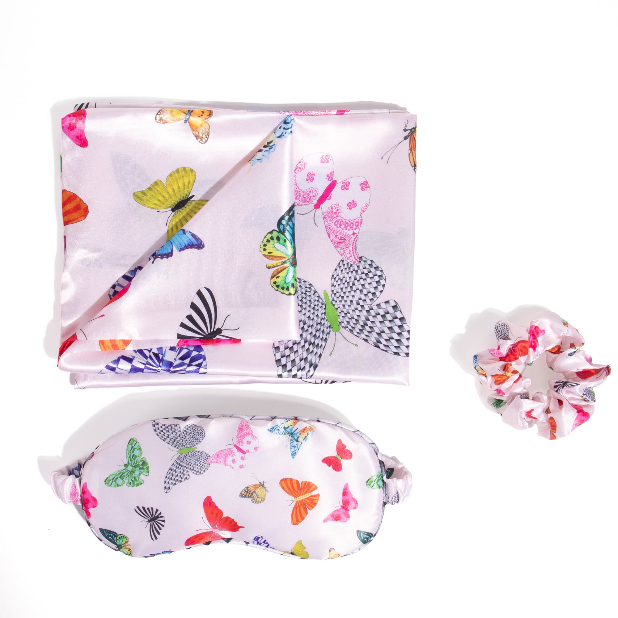 Hi Peach Layne Pillowcase, Eye Mask, and Scrunchie Set, Multicolor Butterfly, 3 Pieces