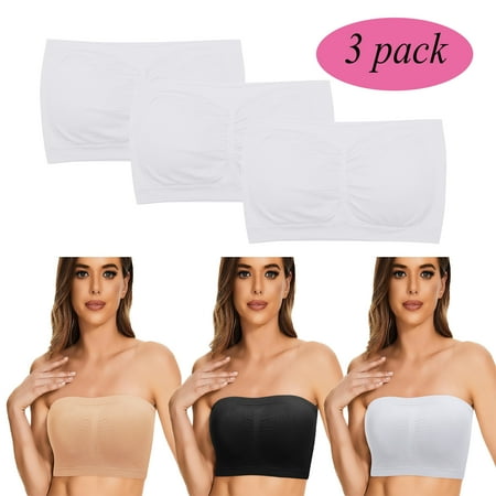 FOCUSSEXY 3 Pack Women s Solid Color Seamless Strapless Bandeau Bra Sports Tube Top Bra Yoga (with Padding)