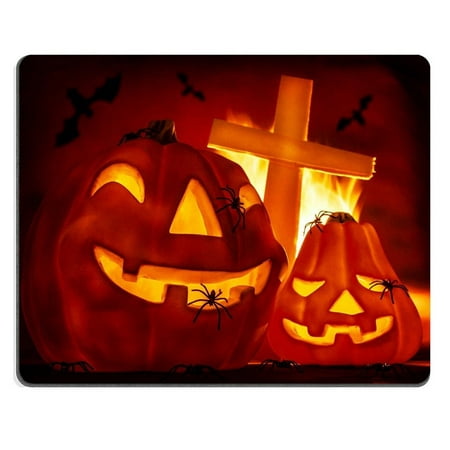- POPCreation Glowing carved gourd in the hell burning fire creepy cross on grave terrible flying bat misterious Mouse pads Gaming Mouse Pad 9.84x7.87 inches