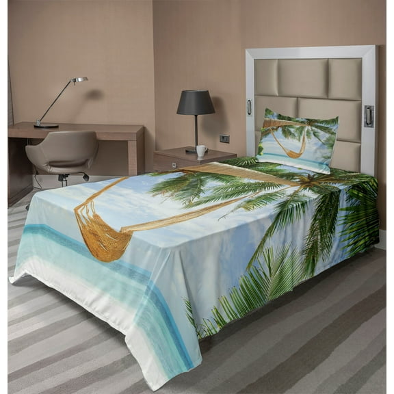 Ambesonne Beach Fitted & Top Sheet Set with Sham, Ocean Sandy Shore Palm, Green Cream Blue