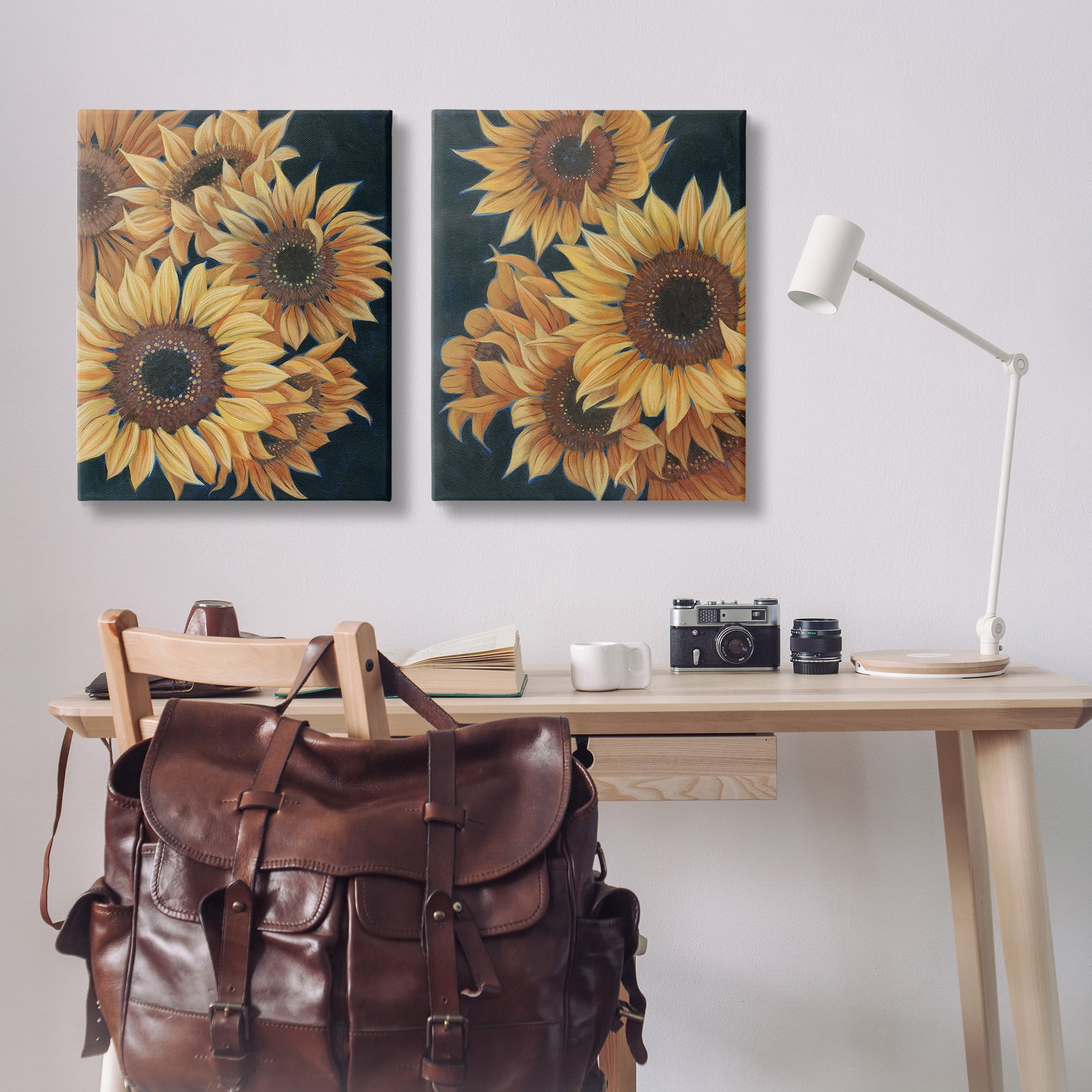 Stupell Industries Sunflowers on Black Botanical & Floral Painting Gallery Wrapped Canvas Art Print Wall Art, 24 x 30, Set of 2