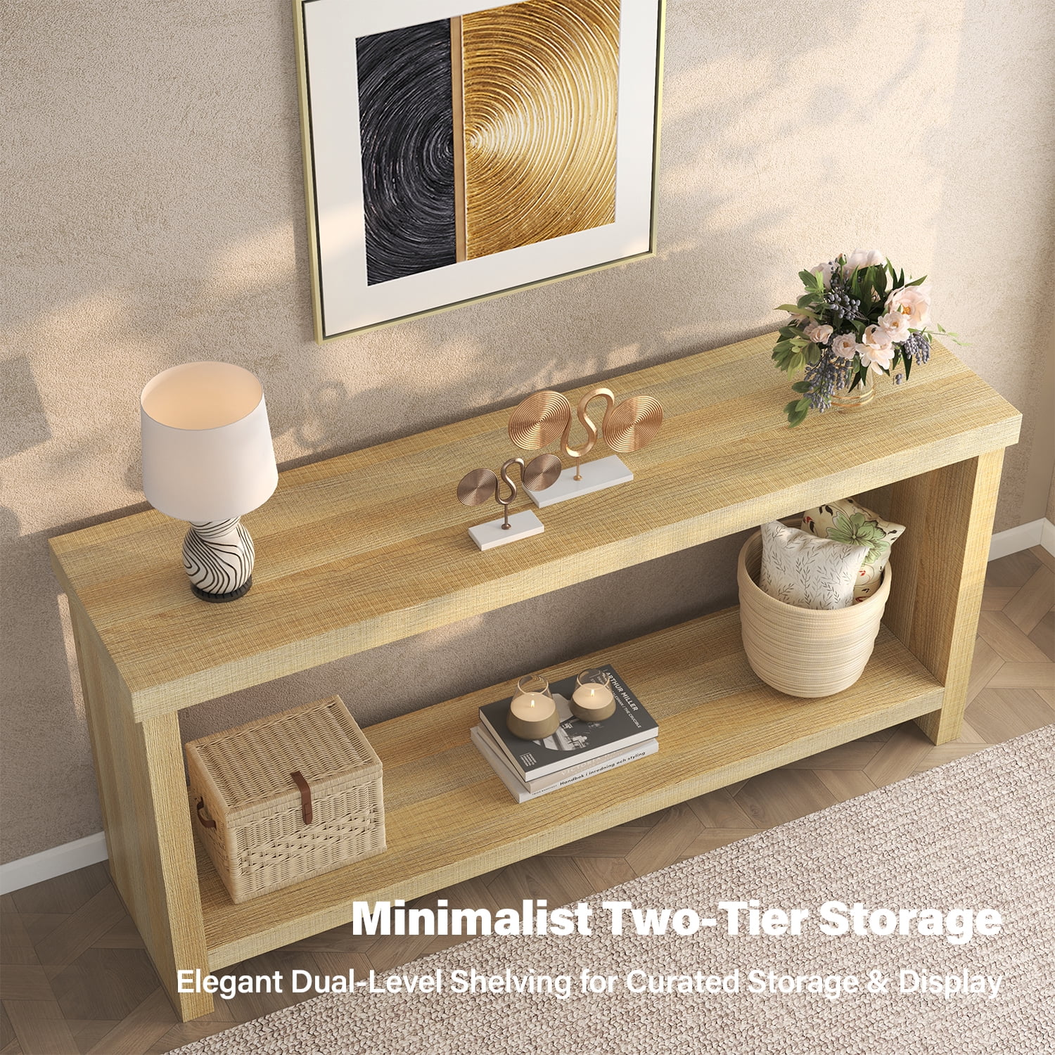 63-inch Long Console Table with 2-Tier Storage Shelves, Narrow Sofa Table Behind Couch, Farmhouse Entryway Table for Hallway & Living Room, Foyer Table in Oak Natural