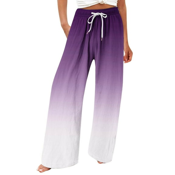 CQONEPT Women's Oversize Pants Color Block Wide Leg Pants Drawstring Casual Fashion Trousers with Pockets Purple 3XL