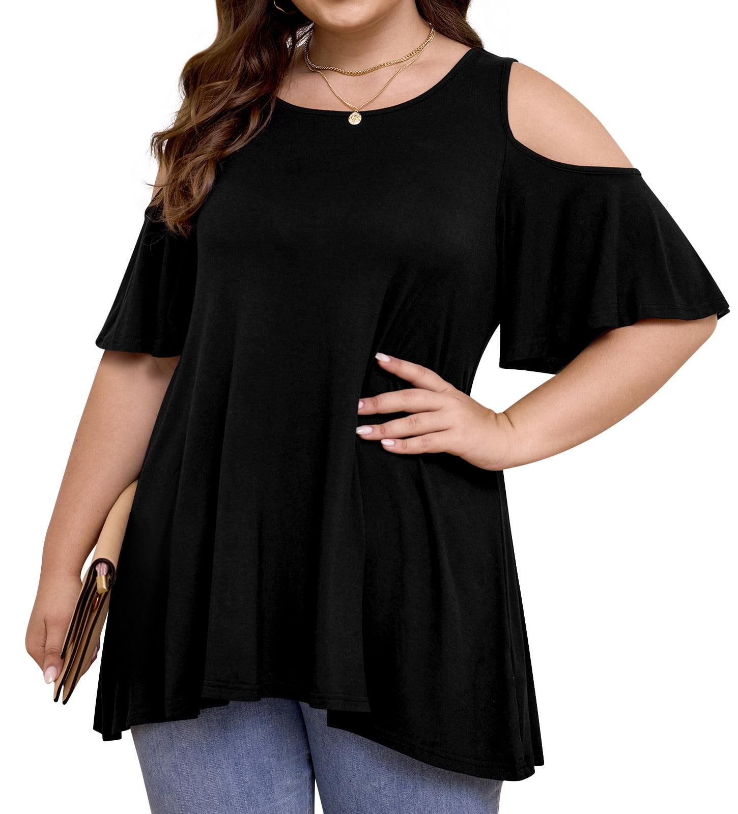JuneFish Women's Plus Size Cold Shoulder Short Sleeve Tunic Top Loose Casual Blouse
