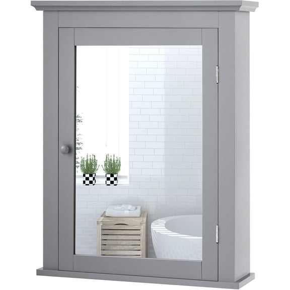 Sunshen Bathroom Cabinet with Mirror, Mirrored Wall-Mounted Storage Medicine Cabinet w/Single Door & Adjustable Shelf in 5 Positions, Multipurpose Wall Cabinet for Bathroom (Gray)