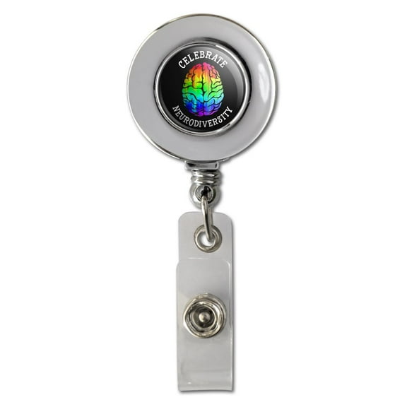 Celebrate Neurodiversity Brain Autism Rainbow Spectrum Retractable Reel Chrome Badge ID Card Holder Clip