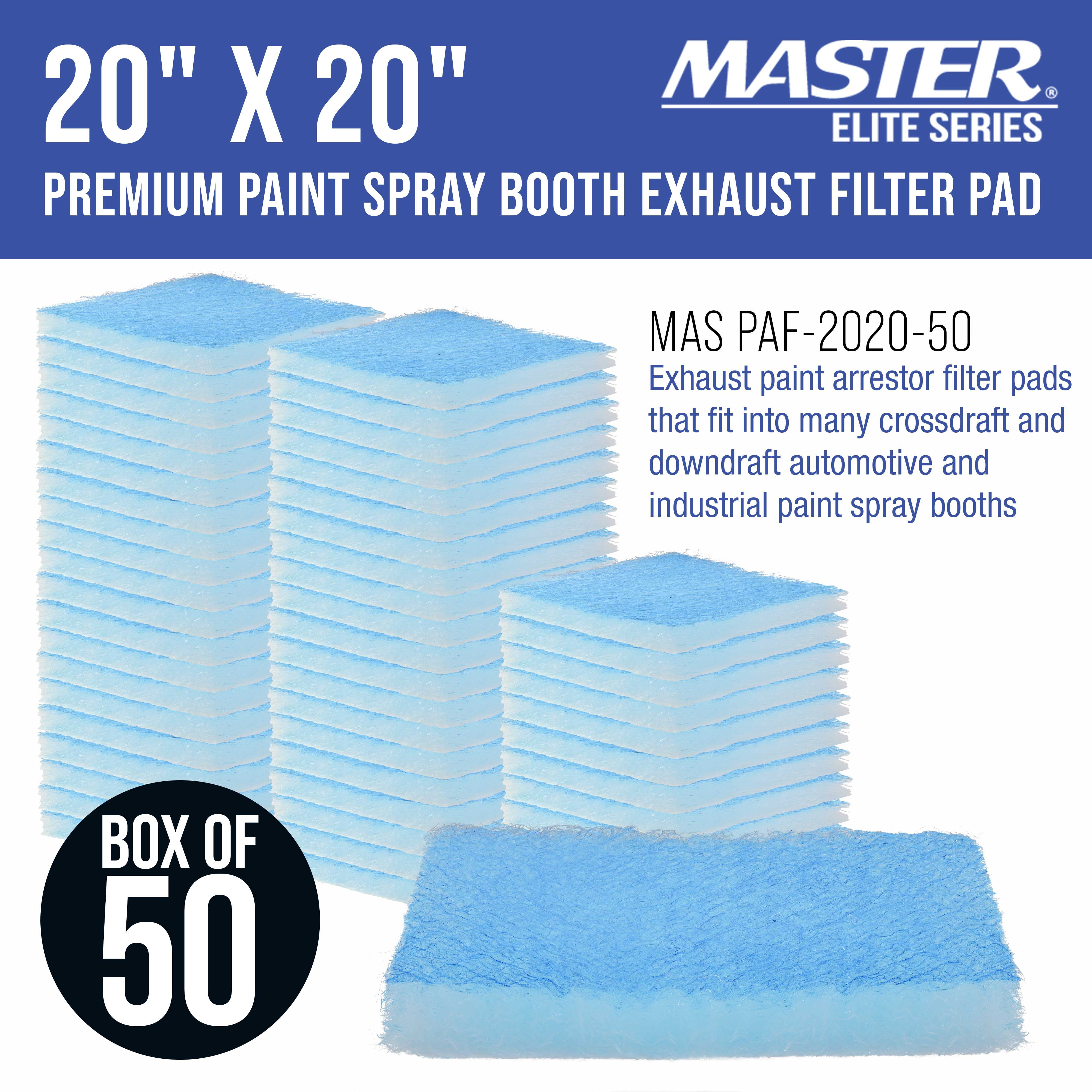 Master Elite Premium Paint Spray Booth Paint Arresstor Filter Panel 20" x 20", Box of 50 - Blue & White Panels - Filters Holds Dirt Particles Auto Car Refinish Booth