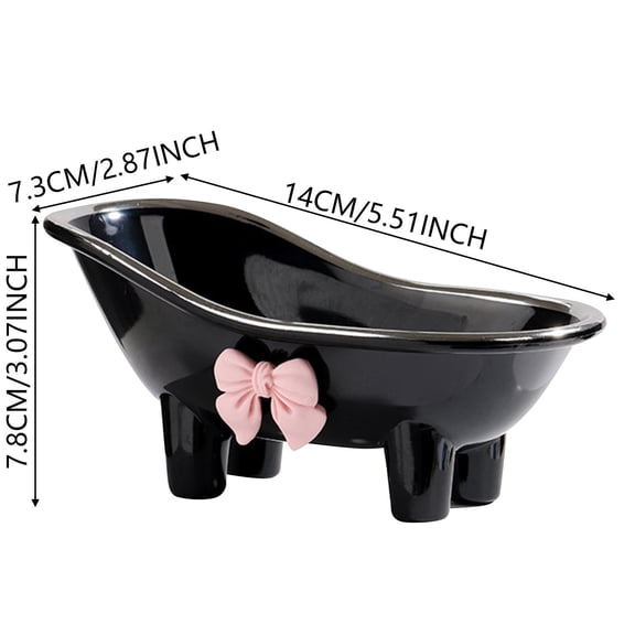 Bathtub Shaped Soap Dish With Cute Bow Drainable Soap Holder For Bathroom Countertop (Black, 15*8*8cm)