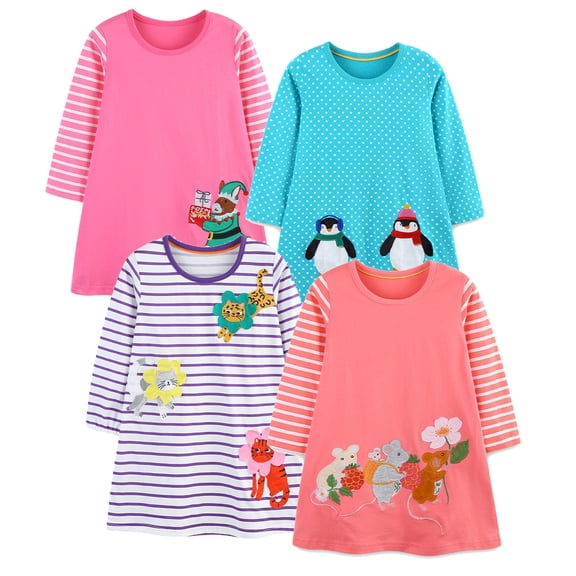 Bellafa 2-7T Little Girls Long Sleeve Dress Toddler Kids Christmas Easter Cotton Casual Appliques Shirt Jersey Dresses